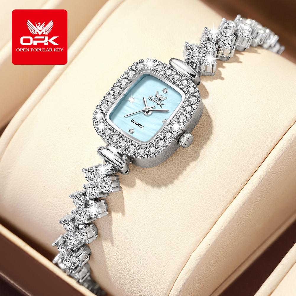 OPK 6058 Full Diamond Square Quartz Woman Watch Luxury Elegant Bracelet Wristwatch For Women 30M Waterproof Ladies Dress Watches