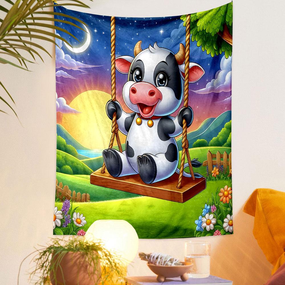 Happy Cow Swinging in Sunset Fields Patterned Tapestry Decorative Wall Hanging, Home Bedroom Living Room Decor