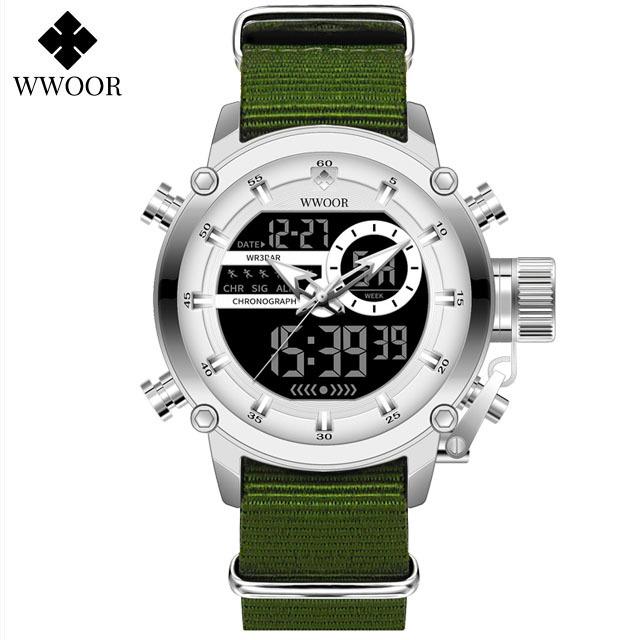 WWOOR Новые Модные Военные Спортивные Мужские Нейлоновые Часы Цифровые Кварцевые Наручные Водонепроницаемые Двойной Дисплей Часы Relogio Masculino