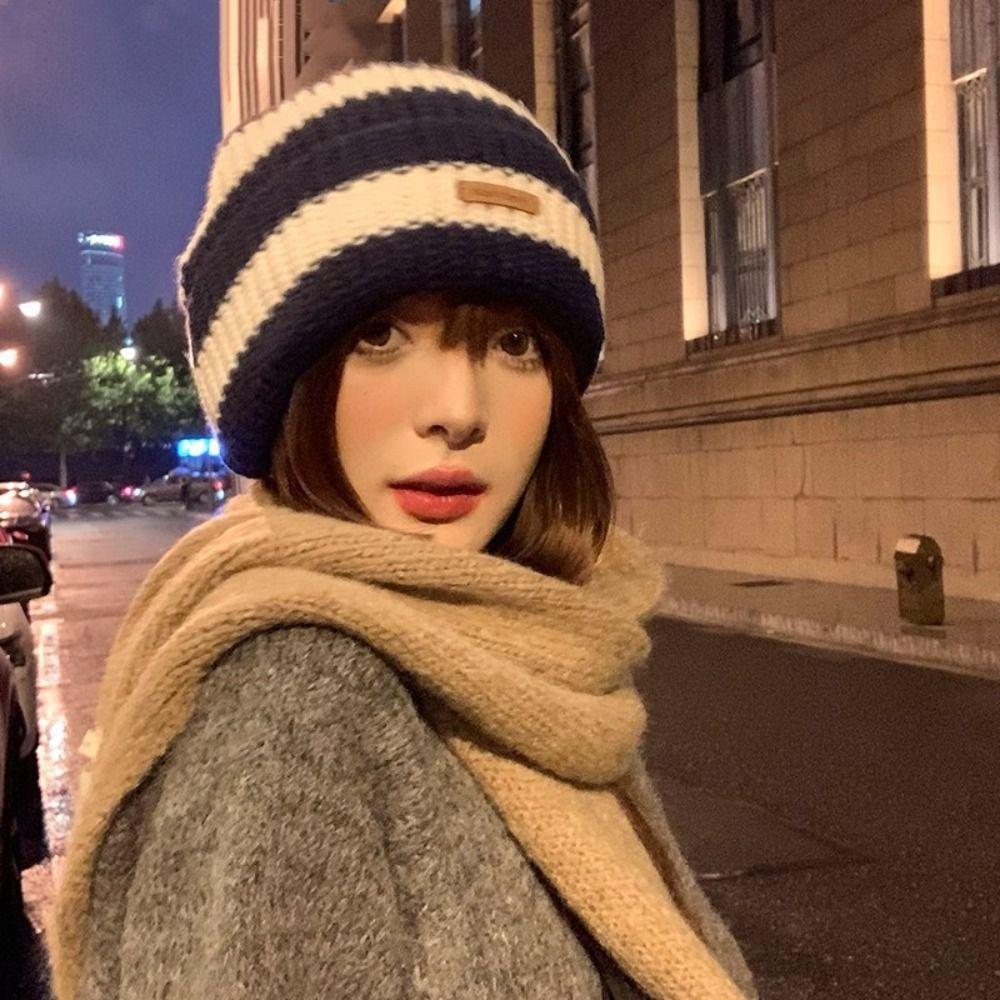 Thick Striped Beanie Hats Korean Warm Bucket Cap Fashion Striped Knitted Hat Unisex