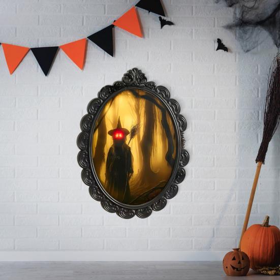 Witch Hologram Wall Mirror Spooky Halloween Glowing Ghost Mirror with Creepy Eyes for Indoor Bathroom Haunted House Decor
