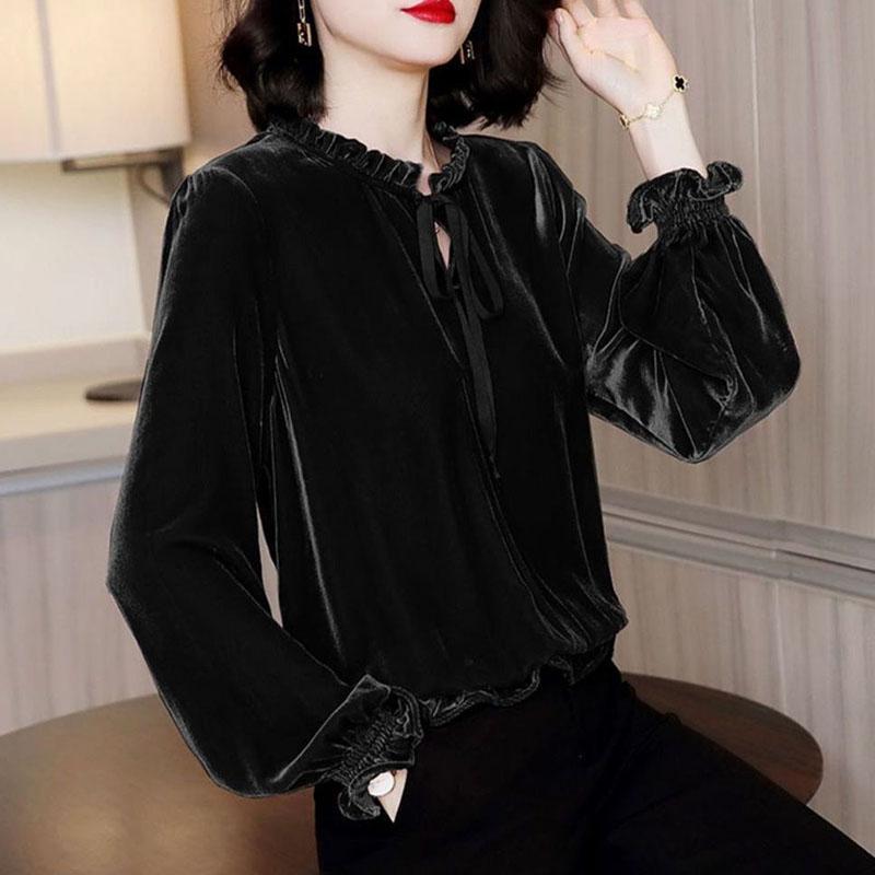 Женская золотая бархатная блузка, весенне-осенняя свободная рубашка в стиле ретро с длинными рукавами, пуловеры, топы
