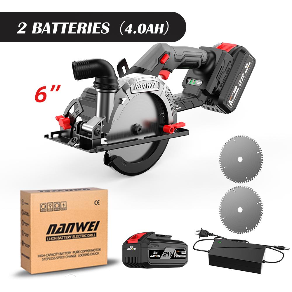 NANWEI Электрическая дисковая пила 6", бесщеточная, 21 В, регулируемый угол, 6800 об/мин