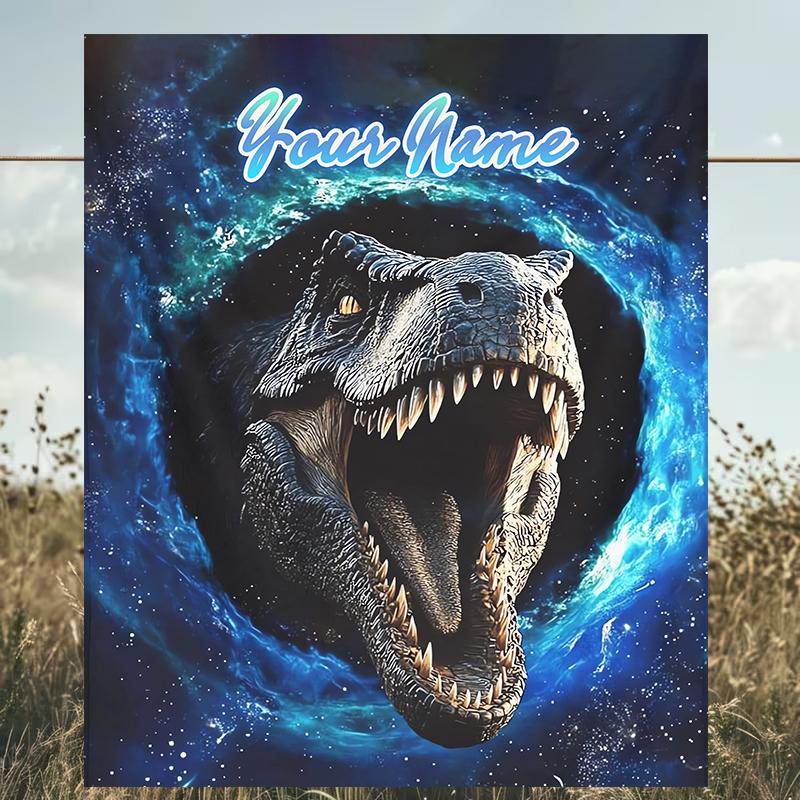 1PC Custom Name "Galactic Dinosaur Roar" outdooor Flannel blankets Patterns Throw Blanket All-Season Soft Gift for Couch, Bed, Camping gifts
