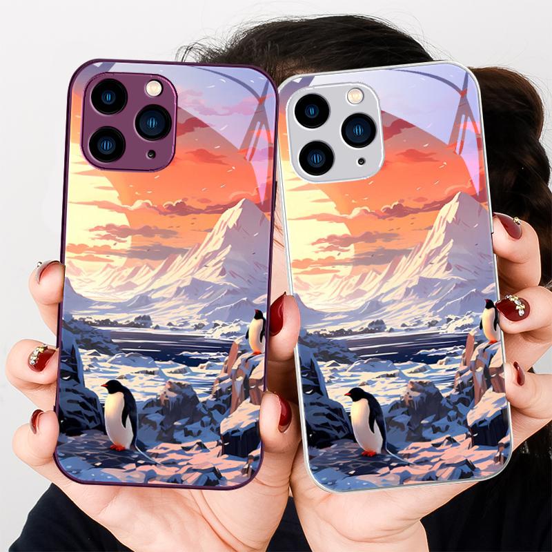 Sunshine Penguin Gold Purple For Iphone 16 Plus 15 14 13 12 Mini 11 Pro Max X XS XR 7 8 Plus 2022 Tempered Glass Phone Case