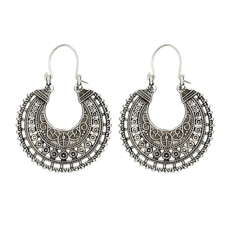 Серьги-кольца в этническом племенном ацтекском стиле хиппи в стиле бохо болтаются в серебряном тибетском стиле