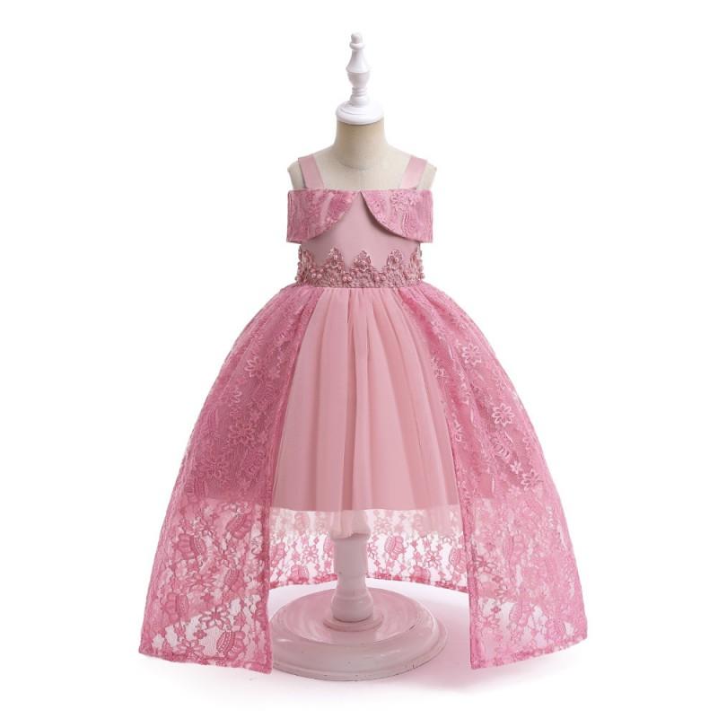 Girls Tulle Sling Train Dress Flower Girl Beaded Gown Piano Performance