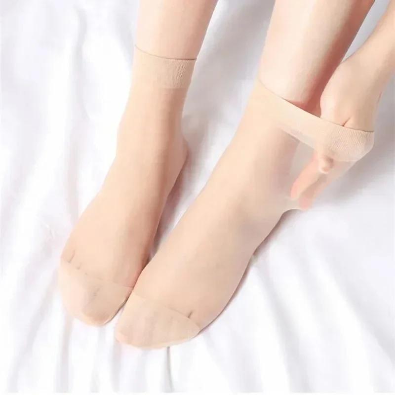 5Pairs/lot Black Skin Color Transparent Thin Women Crystal Silk Socks Nylon Fashion Ladies Female Summer Short Ankle Silk Socks