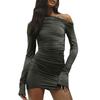Модное женское повседневное сплошное цветное сексуальное плиссированное платье с длинными рукавами и круглым вырезом