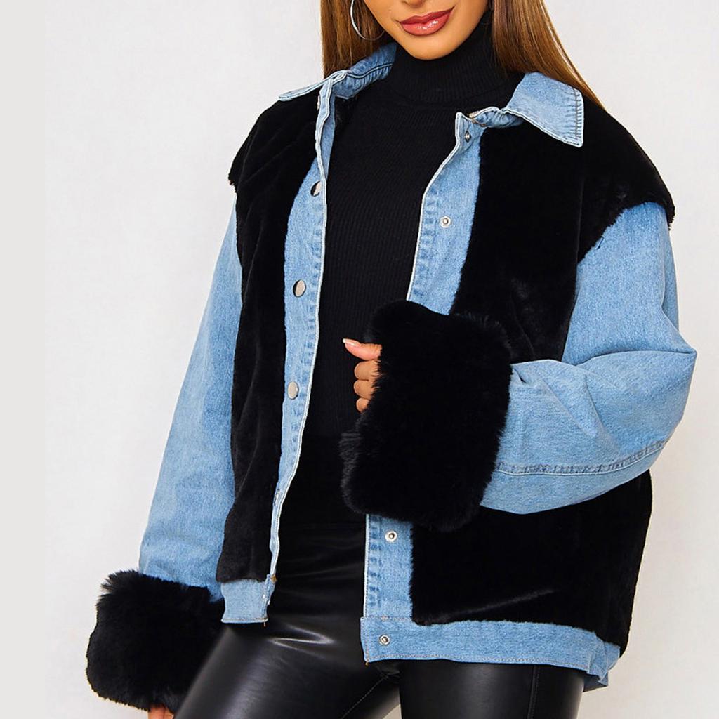 Fashion Women Casual Plush Patchwork Cardigan Outerwear Denim Jacket Coat