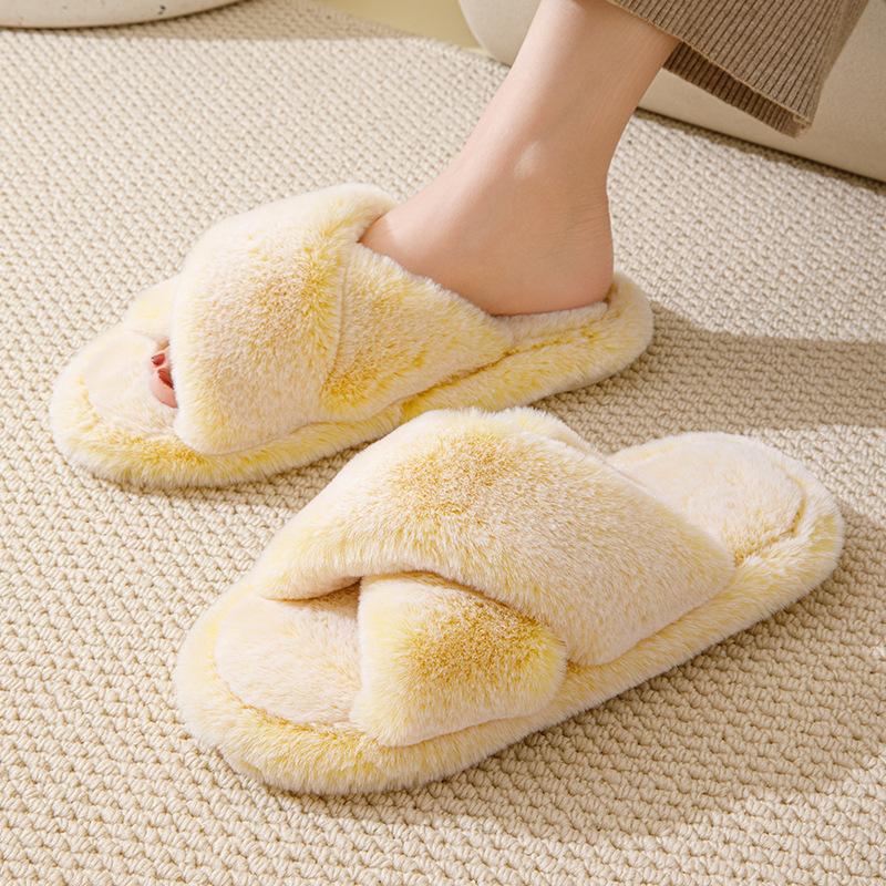 Элегантные мохнатые тапочки с перекрестным ремнем, плюшевые хлопковые тапочки, домашние открытые мохнатые тапочки, женская домашняя обувь, тапочки розового цвета