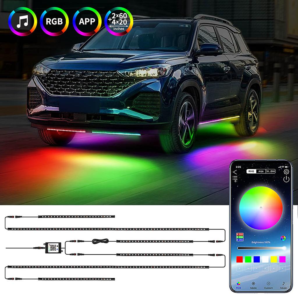 6 шт. Светодиодная лента RGB с переливом цвета под автомобиль, неоновый свет 60*150 90*180, управление через приложение BT, Автотовары