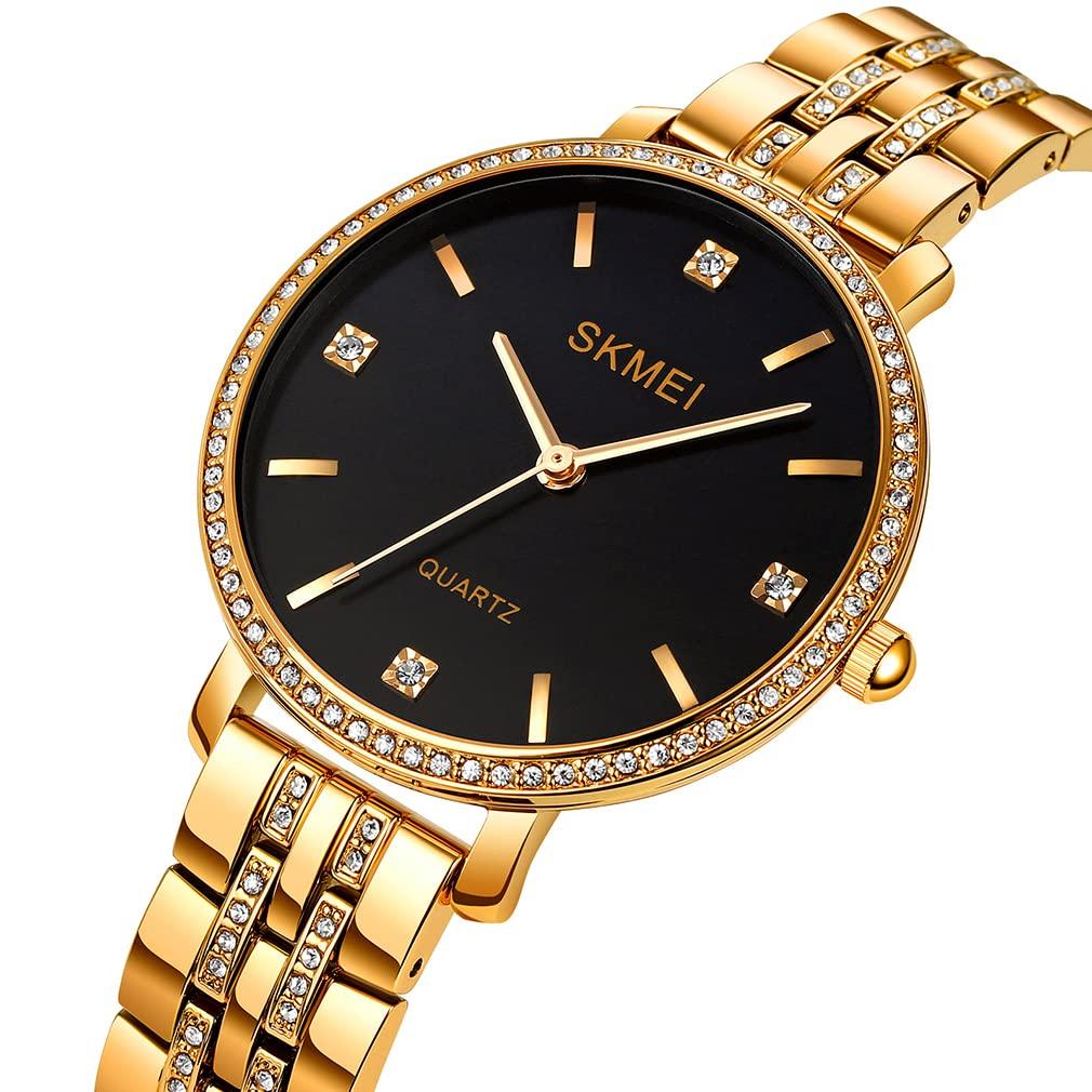 Simple and stylish wristwatch with classic large gold stainless and black Perfect for business or as a women's diamonds, design, accents, waterproof,