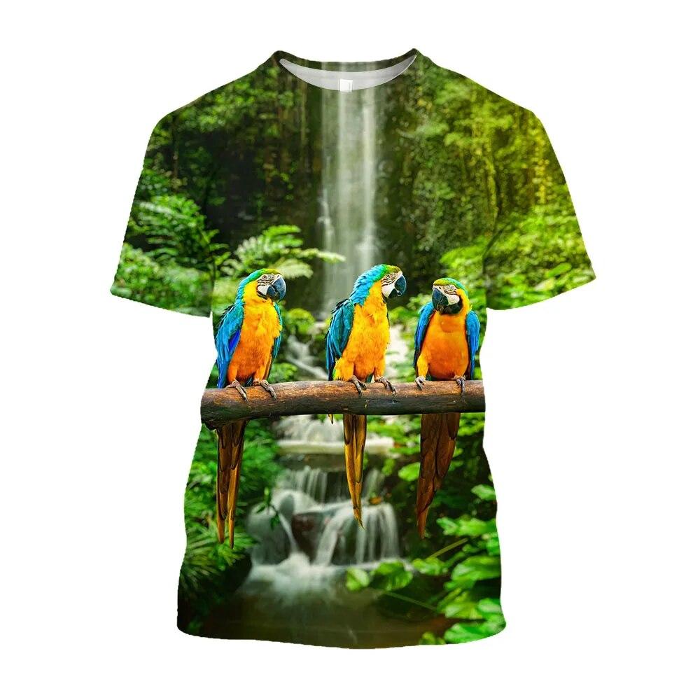 Jumeast 3D Rainforest Scarlet Macaw Printed Men T-shirts Grunge Y2K Unisex Baggy T Shirt 2000s Aesthetic Youth Clothing T-shirty