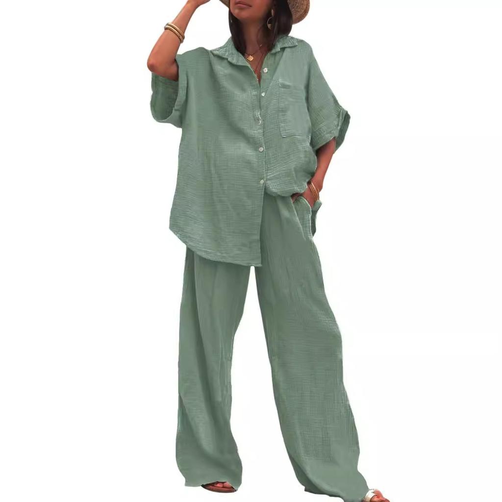 Women's Casual Sets Summer Cotton and Linen Short-sleeved Lapel Shirt Straight Trousers Two-piece Set