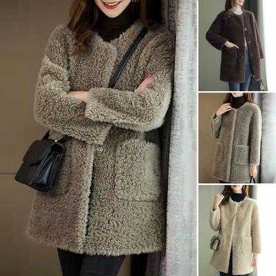 Зимнее пальто с круглым вырезом, длинными рукавами, однобортное, плюшевая куртка с карманами, однотонная, средней длины, верхняя одежда из искусственного меха
