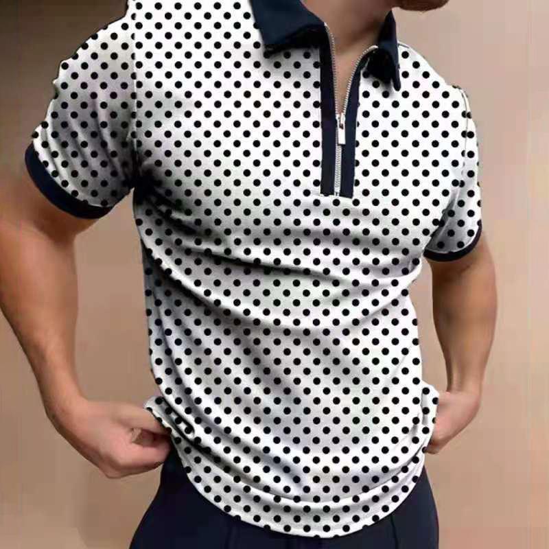 Men's Casual Polka Dot Print Short Sleeve Zipper POLO Shirt T-shirt