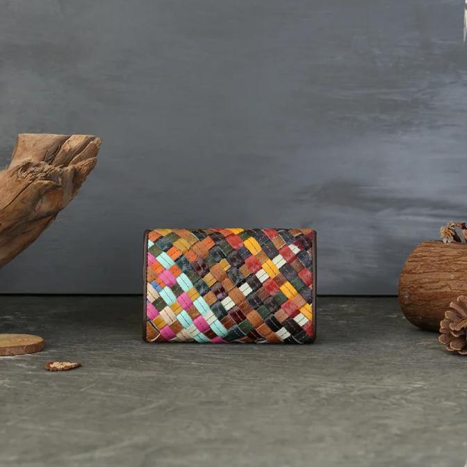 Johnature Плетеный короткий кошелек из натуральной кожи, случайная цветовая вставка, большая вместимость, много отделений, складной кошелек с пряжкой