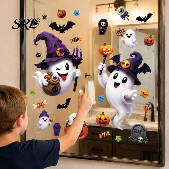 Indoor Holiday Decorations Halloween Witch Hat Ghost Window Clings, Spiders Bat Pumpkin Spooky Easy Apply Decals Stickers for Home Party Store