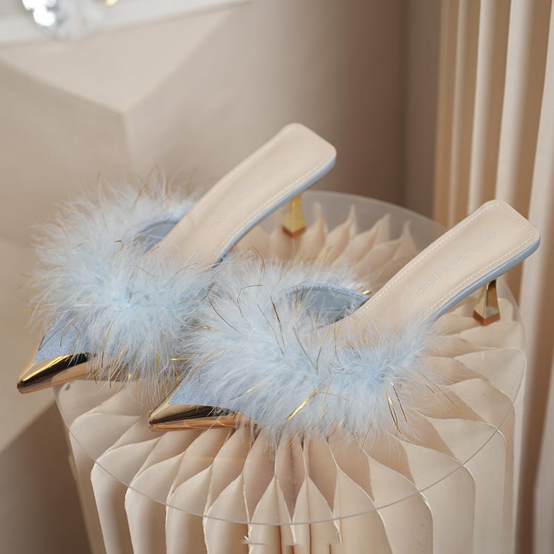 Женские теплые плюшевые туфли-мюли с острым носком и высоким каблуком, зимние, тапочки, корейский дизайн, тонкий каблук, новые шлепанцы, туфли-лодочки, zapatos mujer