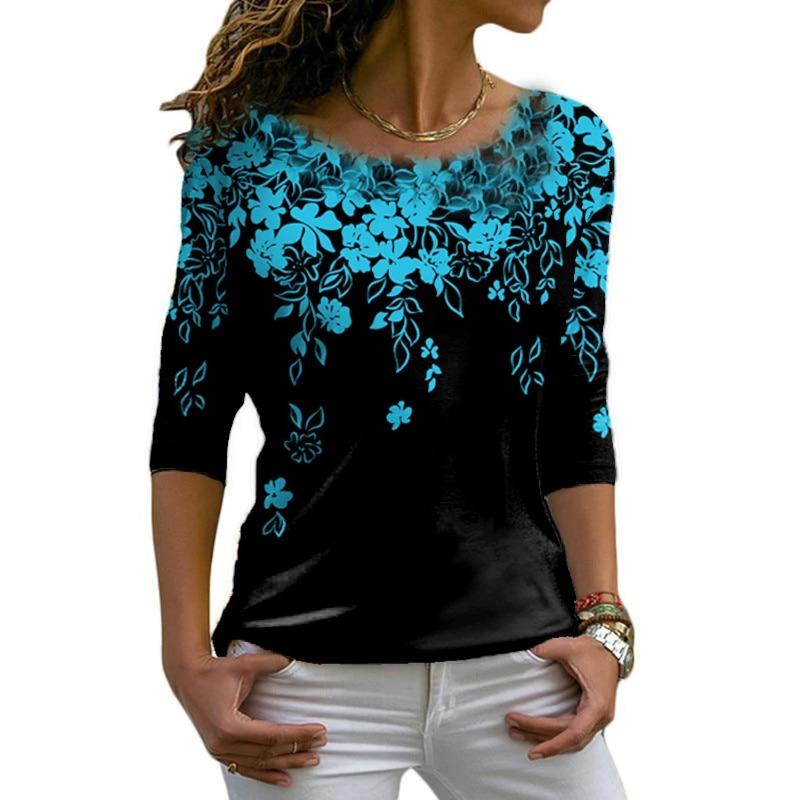 Осенняя универсальная женская футболка с длинными рукавами и цветочным принтом, обычный повседневный топ в стиле ретро с круглым вырезом и разноцветным принтом в стиле бохо