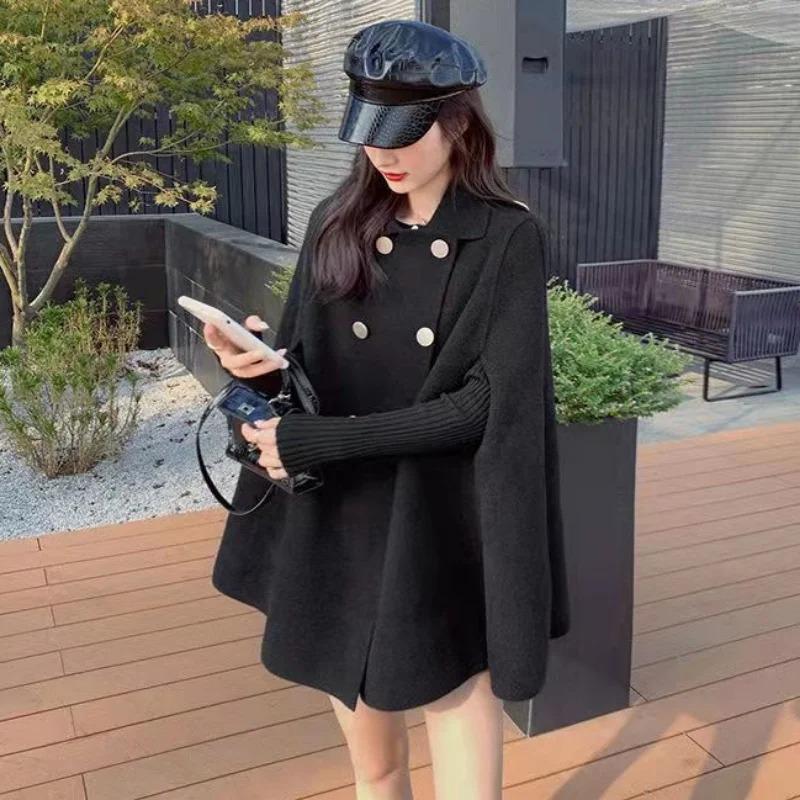 Autumn and Winter Double Breasted Women Cape Coat Loose Pure Color Female Overcoat Fashion Elegant Lapel Lady Oversized Poncho