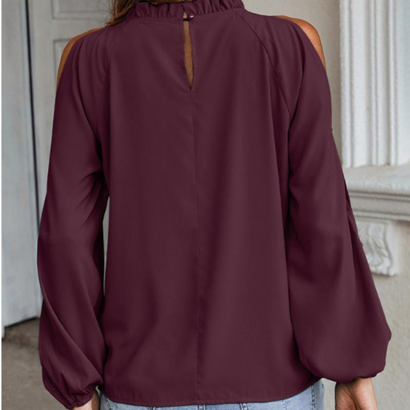 Long Sleeve Women Chiffon Blouse Off Shoulder Stand Collar Fashion Green Lady Tops Ruffle Casual Shirts Womens Clothing 24406