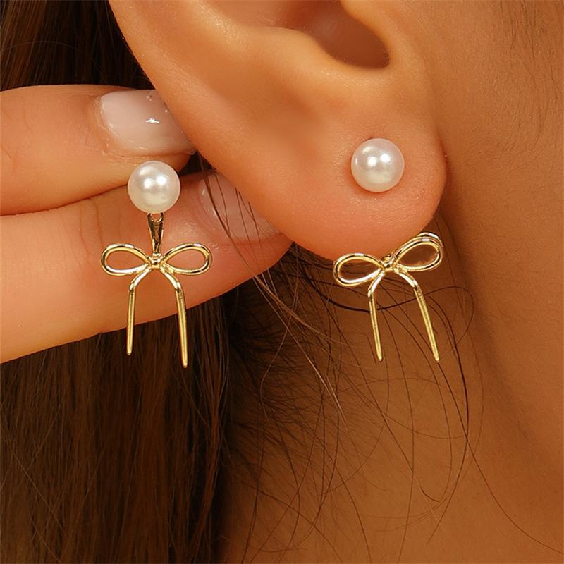 2026 New Trendy Imitaton Pearl Stud Earrings for Women Simple Gold Color Bow Ribbon Stud Earrings Fashion Party Date Zircon