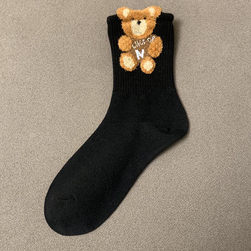 Женские модные носки средней длины с плюшевым медведем и цветком, осень/зима - Кофейный/черный