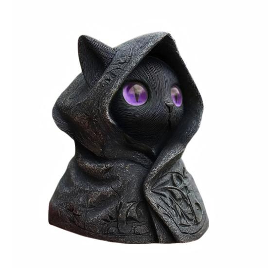 Hooded Cat Statue Resin Mysterious Black Cat Figurine Gothic Tabletop Mini Cat Sculpture Halloween Decoration Gift for Cat Lovers