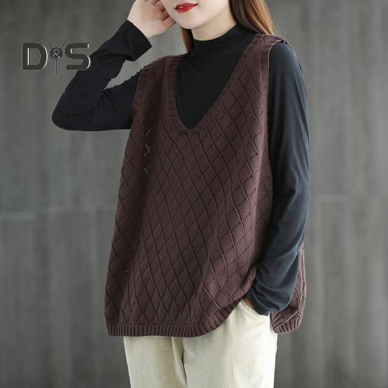 Весна Осень Женский Жилет Вязаный Свитер Ретро V-образный Вырез Свободный Без Рукавов Однотонный Пуловер Ажурный Ромбовидный Текстурный Топ Повседневная Одежда