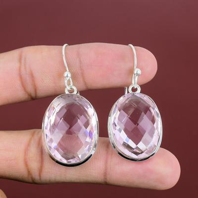 Серьги из розового граненого кунцита, настоящие драгоценные камни, элегантные ювелирные изделия, серьги из стерлингового серебра 925 пробы, ювелирные изделия ручной работы, серьги-подвески, свадебный подарок