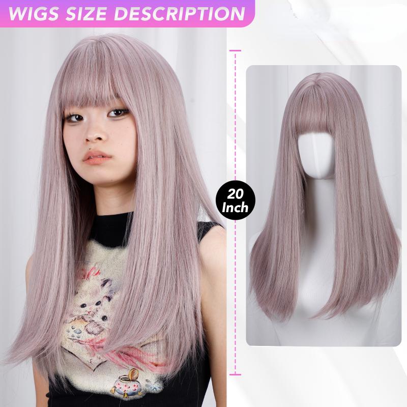 Прямой парик Серый фиолетовый с воздушной челкой 20-дюймовые синтетические парики из волокна Термостойкие натуральные для вечеринок или селфи для женщин Ежедневное использование Корейская мода