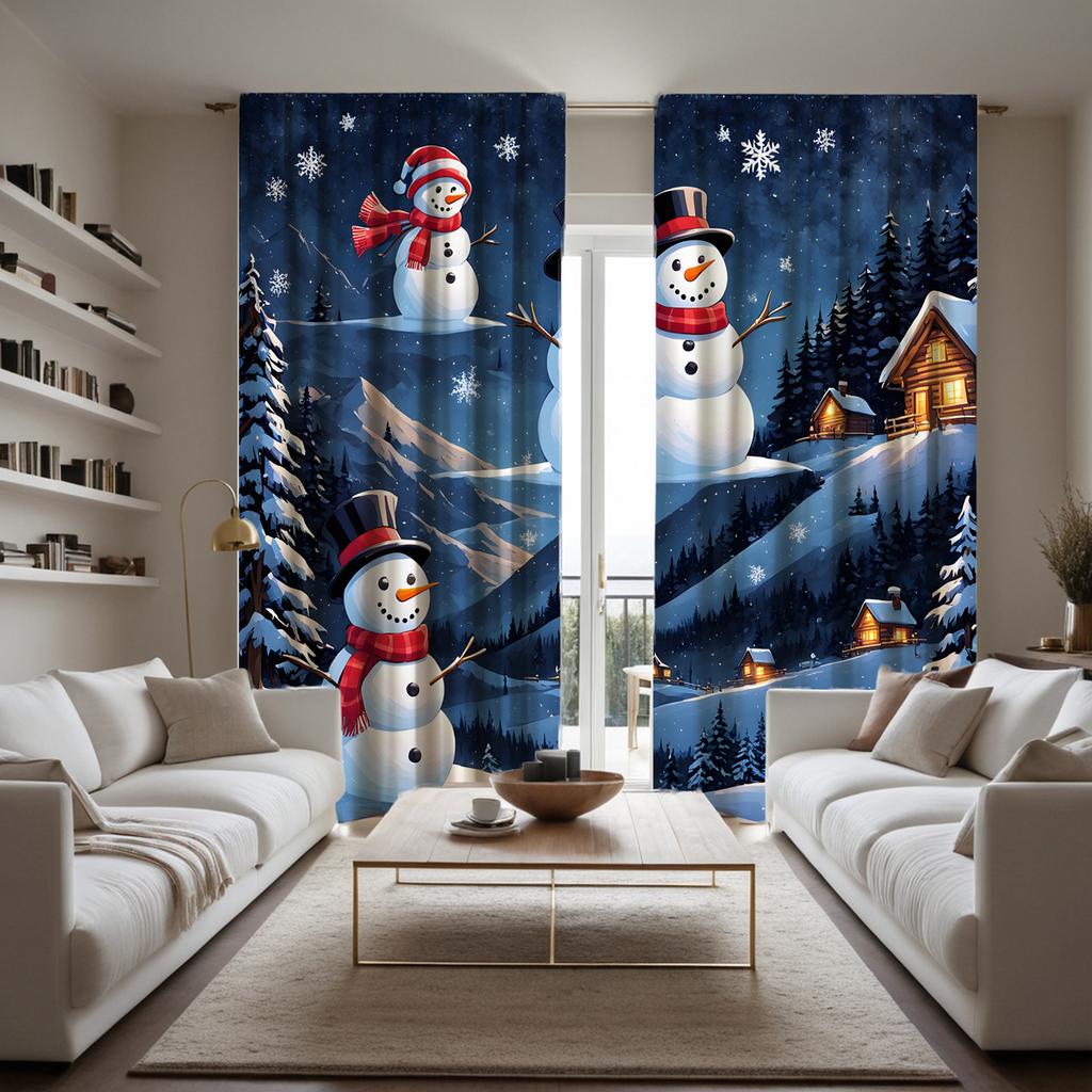 2 шт. HD Рождественская снежная горная сельская занавеска со снеговиком, белая занавеска с цифровой печатью, украшение для дома, стиль decorati