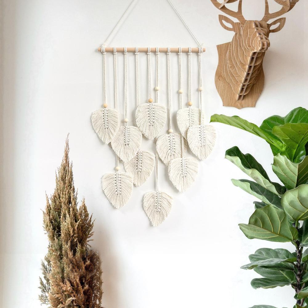 Macrame Wall Hanging Leaves Bohemian Wall Hanging Woven Tapestry Large Chic Woven Leaf Tassel Handmade Woven Wall Art for Bedroom Nursery Home 90x40cm