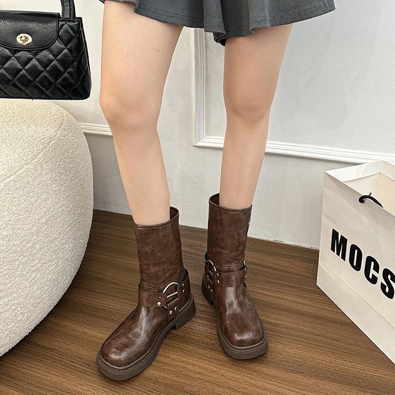 Fashion 2025 Ladies Shoes Slip-on Women's Boots Fashion Metal Decoration Modern Boots Women New Versatile Retro Rome Mid-Calf Boots