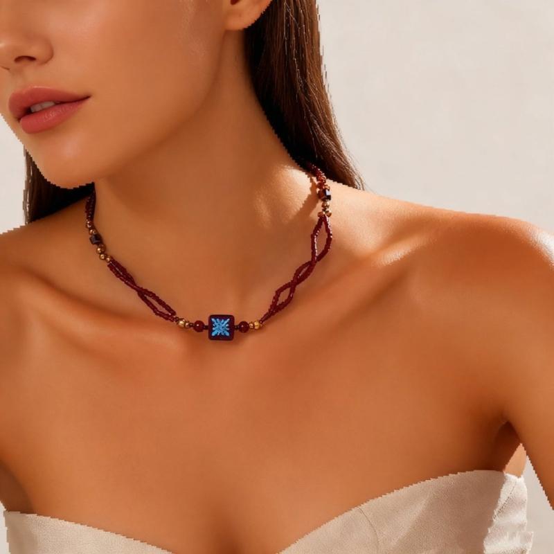 Wooden And Plastic Beaded Chokers Necklace Retro Style Layering Design Daily Wear Party Accessory Clavicle Chain Jewelry