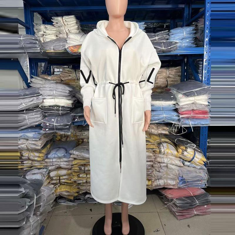 Женское Модное Осенне-Зимнее Пальто с Капюшоном Свободного Кроя с Карманами Длинное Лоскутное Тренч-Пальто