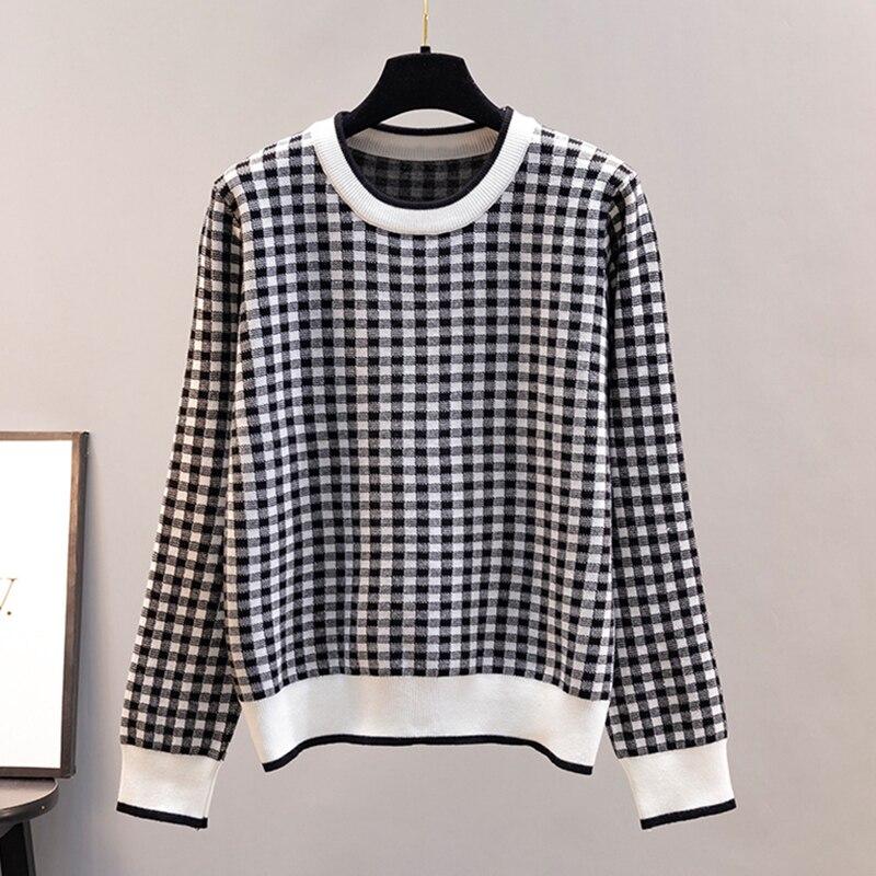 Classic O-Neck Plaid Knitted Sweater Women Loose Vintage Pullover Fall Winter New Long Sleeve Female Clothes