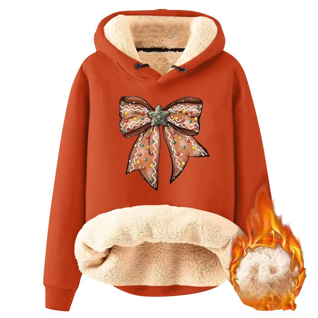 Women's Fashion Hooded Christmas Bowknot Printed Plush Warm Loose Pullover Sweatshirt
