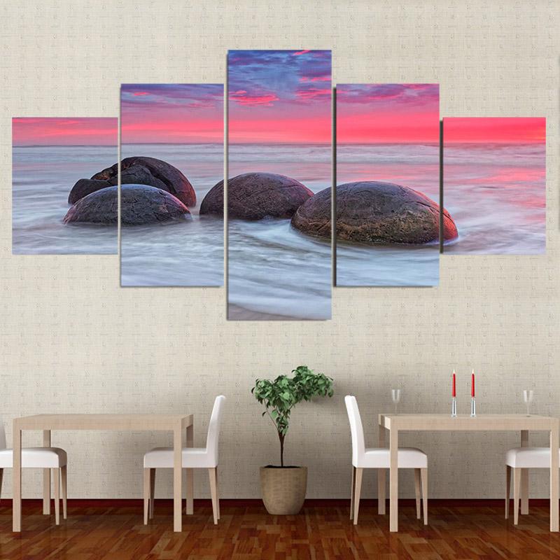 5 панелей Морской пейзаж Морской большой круглый камень Красочное небо Холст Картина Плакаты и принты Настенная картина Домашний декор без рамки