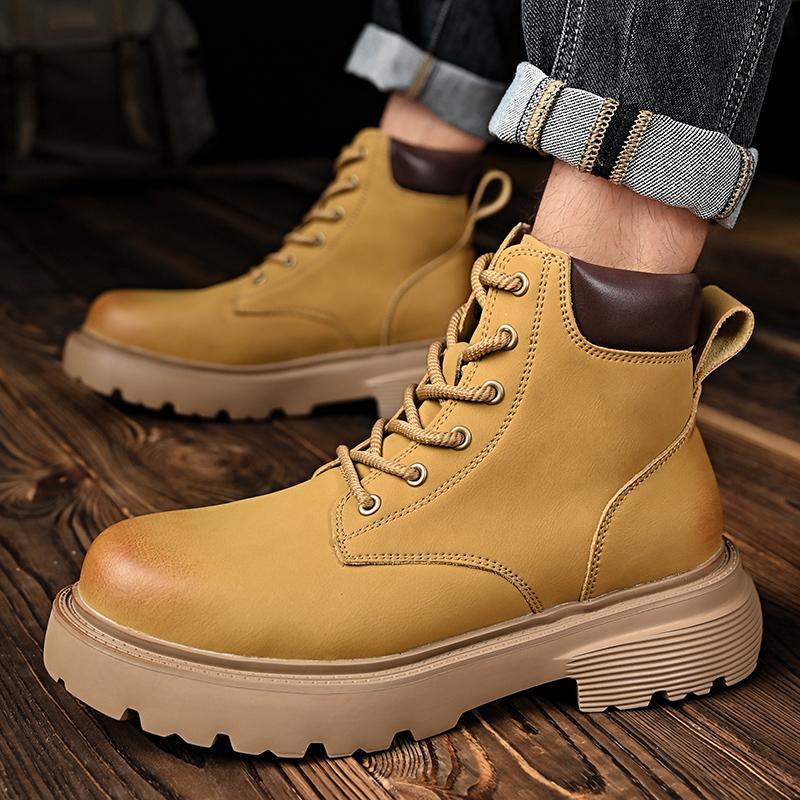 High Top Work Boots Men's Original Comfy Shoes Outdoor Hiking Leather Casual Shoes For Men Basic Boots Waterproof Yellow Boots