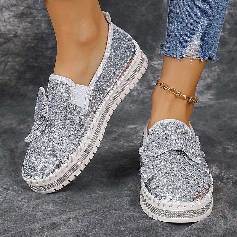 Women's Gold Silver Bowtie Sequin Flats Shiny Crystal Thick Sole Platform Loafers Ladies Light Comfort Non Slip Casual Shoes