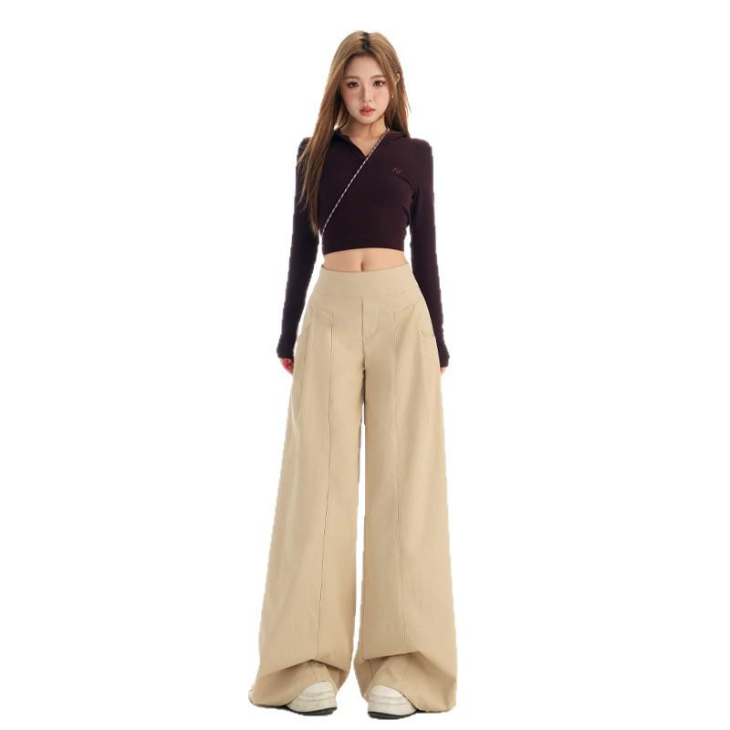 2025 Women's Autumn Khaki Wide-Leg Casual Drapey Floor-Length Pants