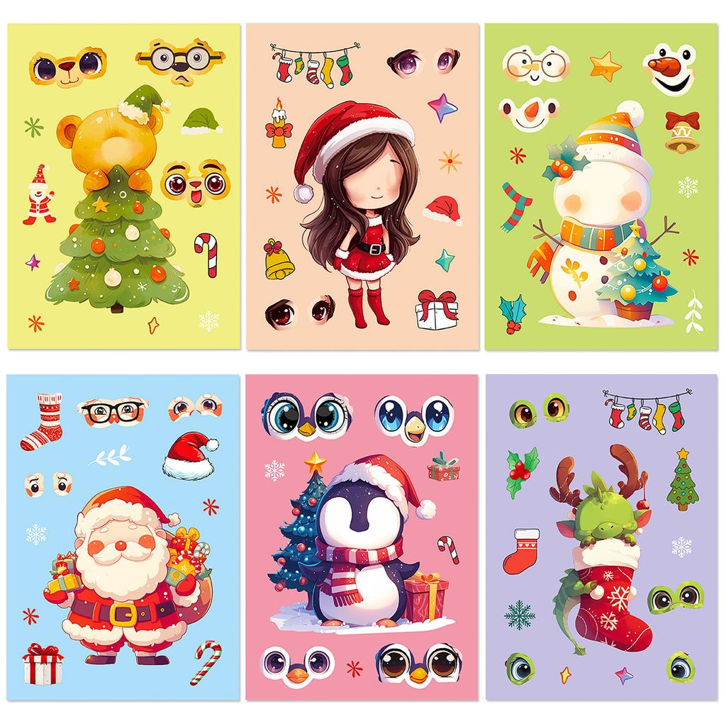 Non-Toxic 6 Types Christmas Themed Diy Cartoon Graffiti Decal Stickers Face Replacement Child Interaction Christmas Tree Decoration