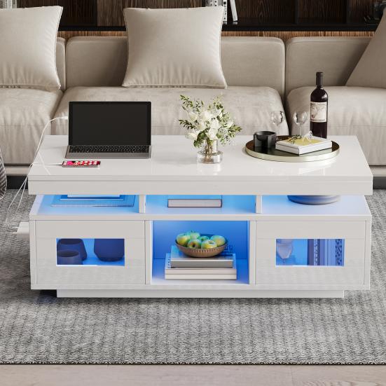 100x50x43cm Black High-Gloss Coffee Table, with LED Lights Controllable, Mobile App, Living Room Table with Cabinet, Sofa Table with Charging Port And
