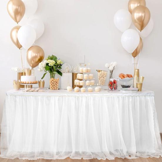 Tulle Table Skirt for Rectangular Tables White Pleated Table Cloth 6Ft/9Ft Wrinkle Free Tablecloth with Tutu Skirt for Wedding Birthday Party Bridal