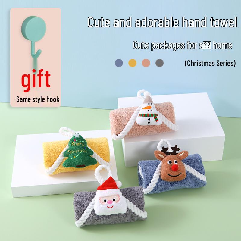 Christmas Cartoon Coral Fleece Hanging Hand Towel - Absorbent for Kitchen & Bathroom