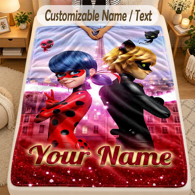 Flannel BlanketMiraculous Ladybug Custom Name Text Personalized Soft Warm Throw Blanket Home Decor Gift