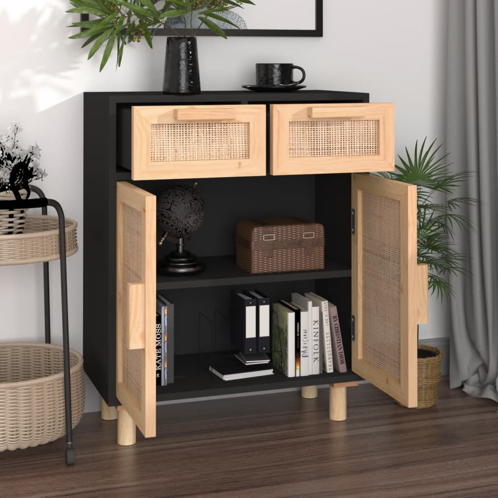 Sideboard Black 60x30x75 cm Solid Pine Wood and Natural Rattan